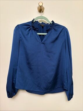 Ann Taylor Factory Royal Blue Split V Neck Blouse with Ruffled Collar